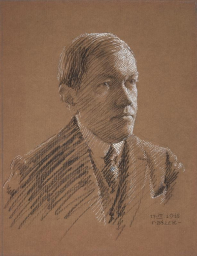František Bílek, Portrét Huga Boettingera, 1918, uhel, tuš a pero na papíře