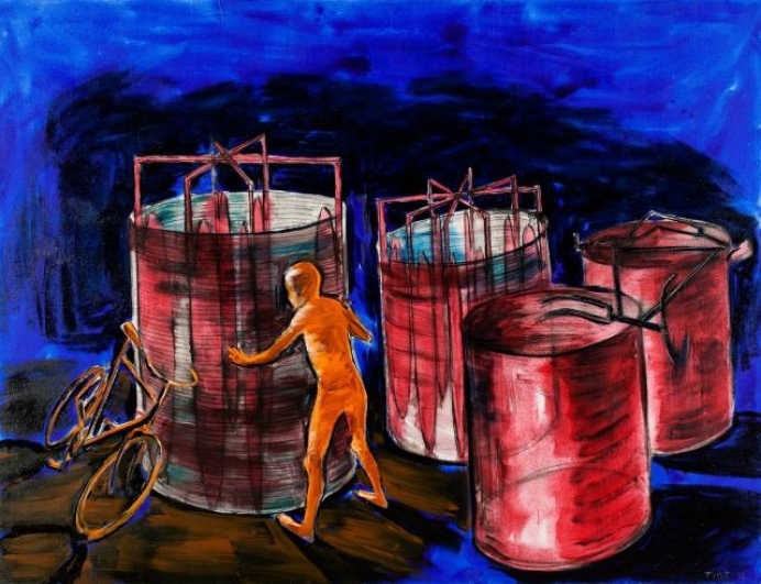 Lubomír Typlt, Postava u turbíny, 2012, olej plátno, 200×260 cm