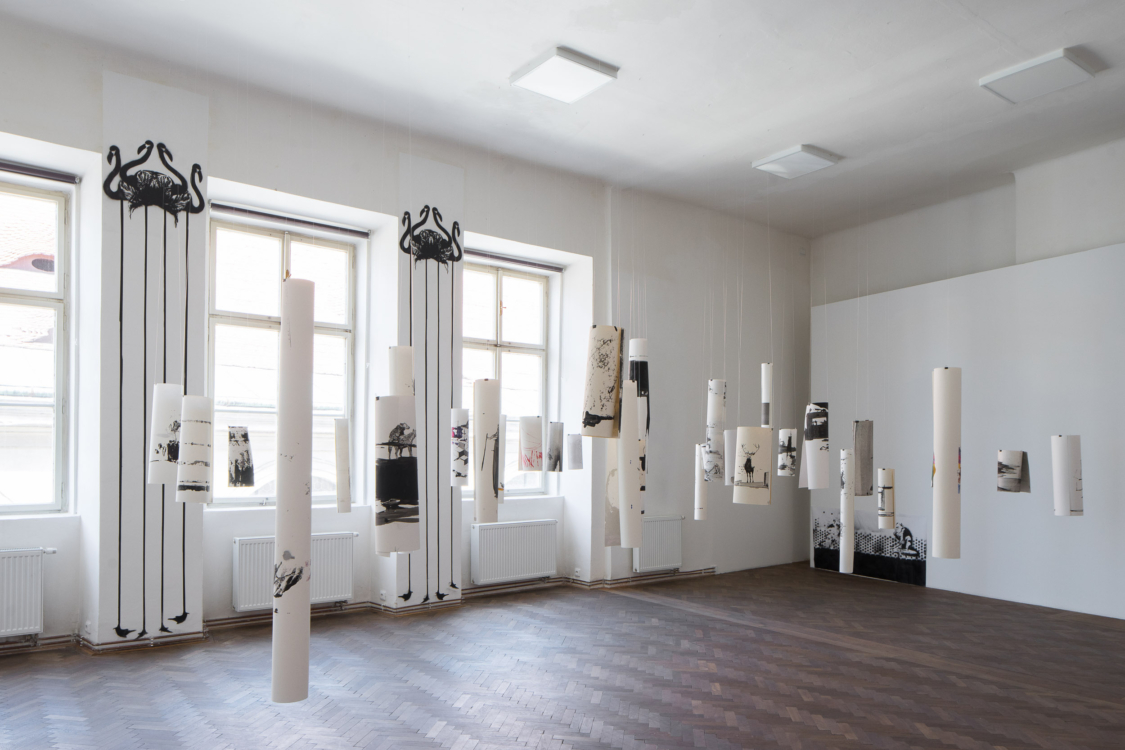 view to the exhibition Markéta Hlinovská: Fur in the City, Colloredo-Mansfeld Palace, 2018. Foto Tomáš Souček