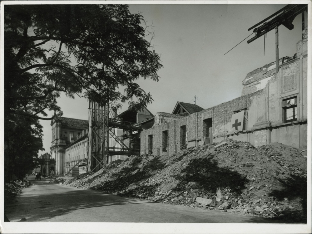 Josef Sudek, “Central part of former Jesuit College of St. Ignatius damaged in the air raid of 14 February 1945 and already partially rebuilt” (Kalendář, Fig. 22), 1945, gelatin silver print, 17.6×23.5 cm, Prague City Archives, Collection of Photographs, II 1698. © Estate of Josef Sudek