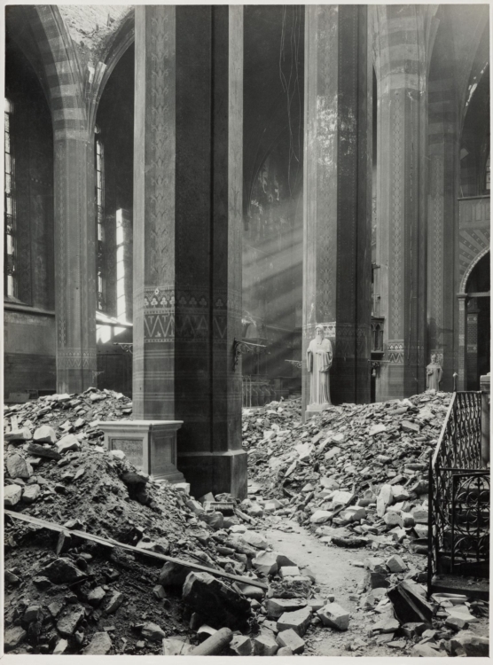 Josef Sudek, “Church of Our Lady at Emmaus, damaged in the air raid of 14 February 1945. View of chancel” (Kalendář, Fig. 30), 1945, gelatin silver print, 23.4×17.5 cm, private collection in Prague. © Estate of Josef Sudek