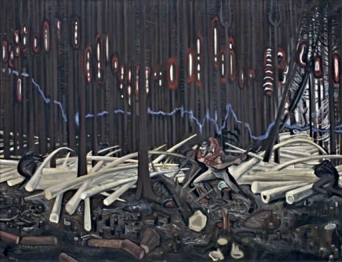 Vladivoj Kotyza, Dřevorubci, 1964, olej na plátně, 122×95 cm