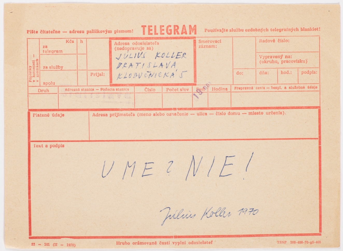 Július Koller, Ume Nie!, 1970, tisk, papír, 14×20 cm