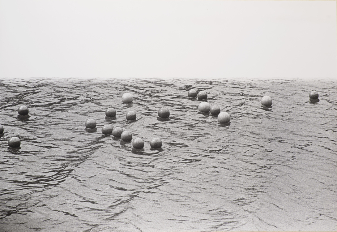 Zorka Ságlová, Throwing Balls into the Průhonice Stream Bořín, 1969, photographs, paper, 67×100 cm