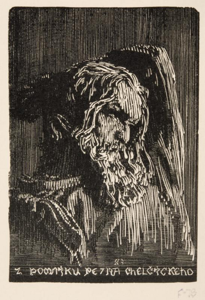 František Bílek, Fragment z pomníku Petra Chelčického – cyklus 10 podobizen, kolem 1915, dřevoryt na papíře