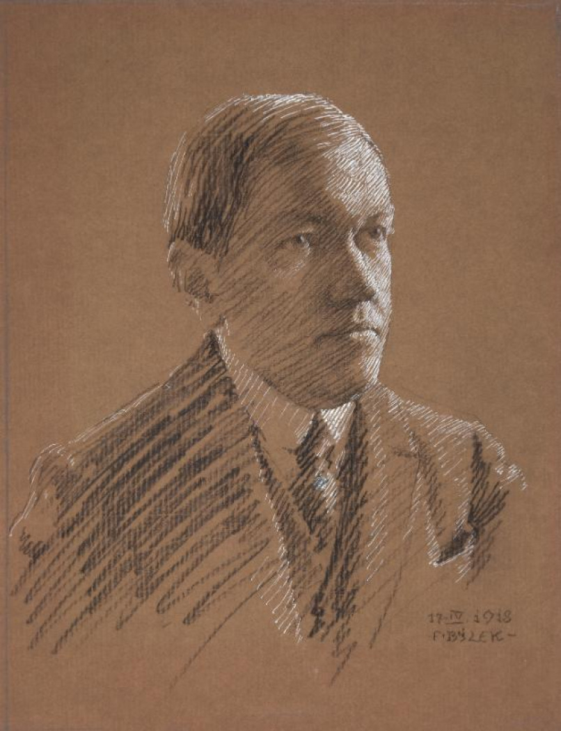 František Bílek, Portrét Huga Boettingera, 1918, uhel, tuš a pero na papíře