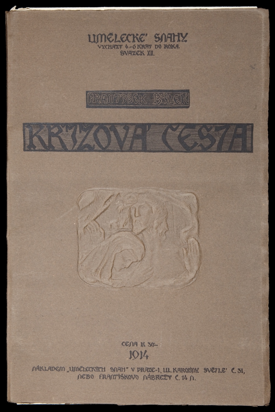 František Bílek, Křížová cesta – album 28 listů a titulní dvoustrana v obálce se slepotiskem, 1914, tisk na papíře, 50×33 cm