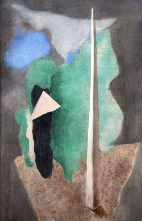 Josef Šíma, Krajina s trojúhelníkem (Krajina s obeliskem), 1930, tempera, plátno, 149×99 cm, GHMP