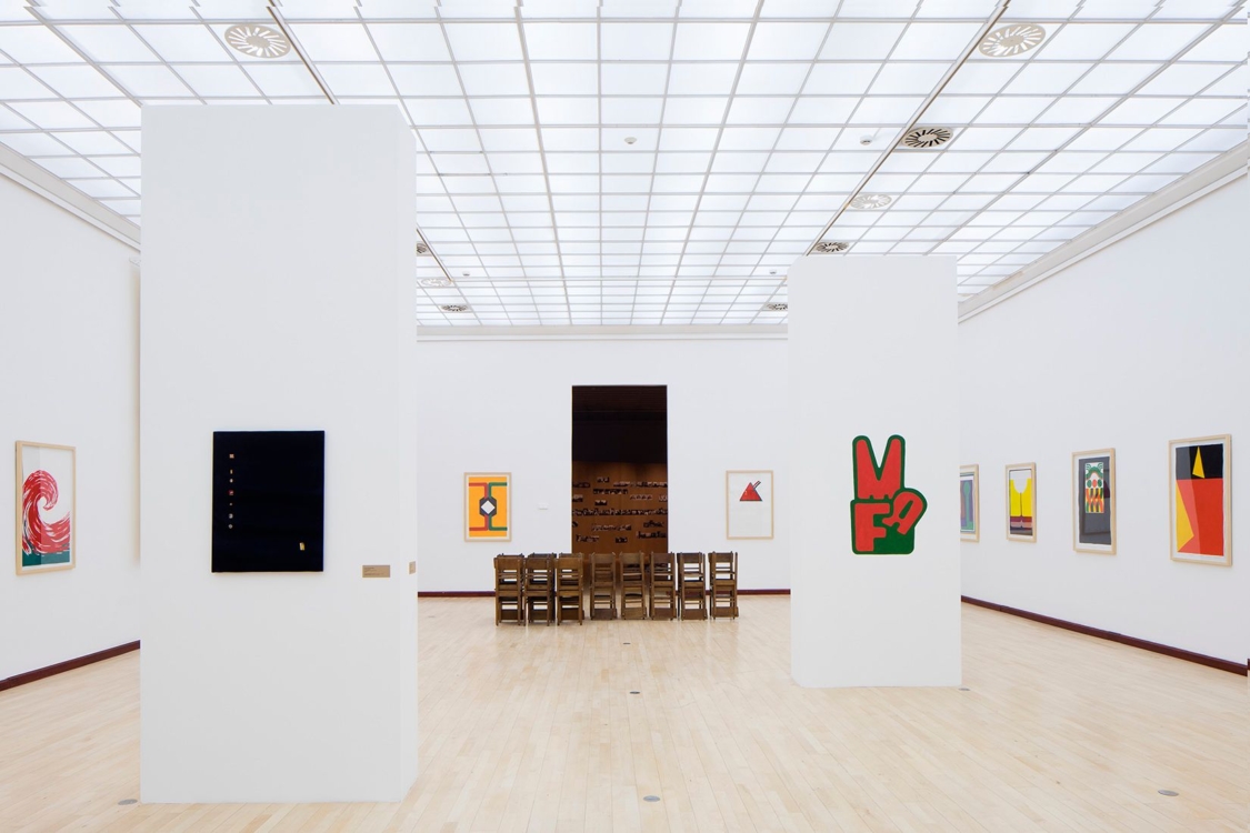 view to Carnations and Velvet / Art and Revolution in Portugal and Czechoslovakia 1968–1974–1989 exhibition. Municipal Library, 2nd floor, 2019. Photo by Tomáš Souček