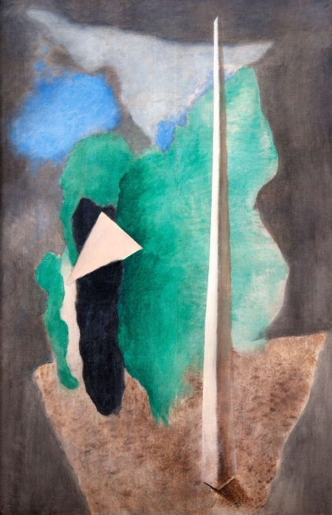 Josef Šíma, Landscape with a Triangle (Landscape with an Obelisk), 1930, tempera, canvas, 149×99 cm, GHMP