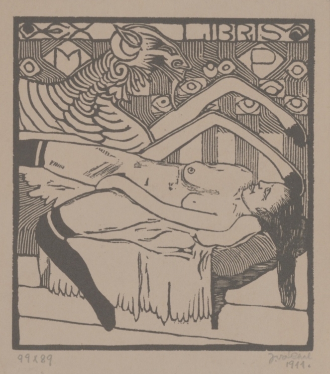 Ex libris M. P., 1911, dřevoryt, 114×100 mm