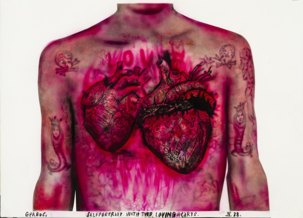 Martin Gerboc, Self-portrait with two loving hearts, 2023, acrylic, airbrush, charcoal, paper